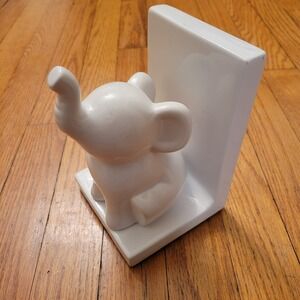 Beriwinkle White Ceramic Sitting Elephant Bookend Nursery Baby Decor Minimalist